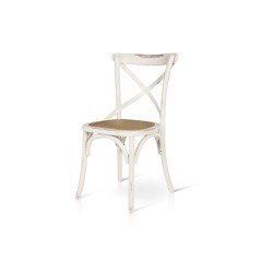 Sedia in legno Invecchiata colore Bianca con seduta in Paglia lavorata,  struttura gambe e  schienale arrotondate con incrocio