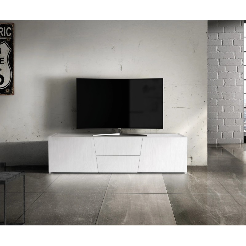 Mobile Porta TV in legno di abete effetto bianco spazzolato dimensioni 165x45h45 2 ante e 2 cassetti art892