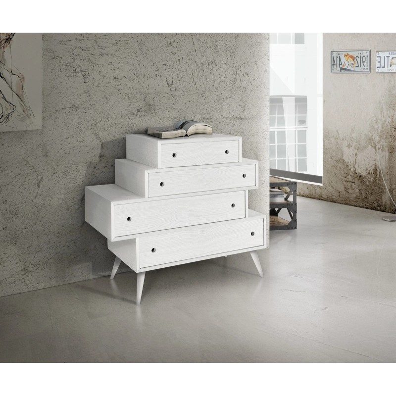 Cassettiera in legno di abete bianco spazzolato 4 cassetti rialzata con pedini inclinati dimensioni 110x45h95 art877